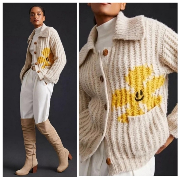 Anthropologie Pilcro Smiley Face Flower Cardigan Sweater Size Small - Picture 15 of 15
